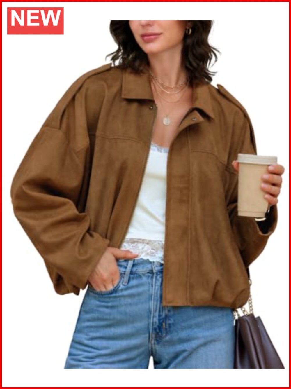Recycled Faux Suede Bomber Jacket Oversized Zip Up Dolman Sleeve